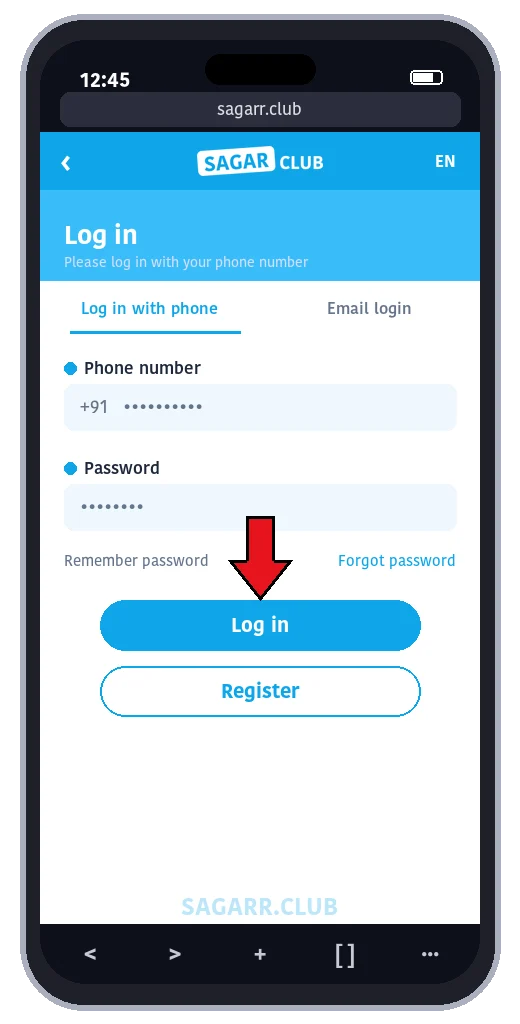 Sagar Club login screen